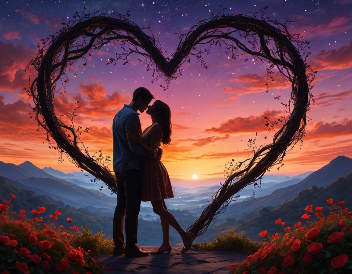 A heart glowing with warmth, surrounded by intertwining vines of passion and adoration, set against a twilight sky filled with soft, shimmering stars. In the foreground, silhouettes of a couple sharing a tender moment, capturing the essence of true love and connection. The scene evokes a deep feeling of affection, inviting the viewer to feel the magic of romantic connection. surrealism. vibrant colors. 3D.