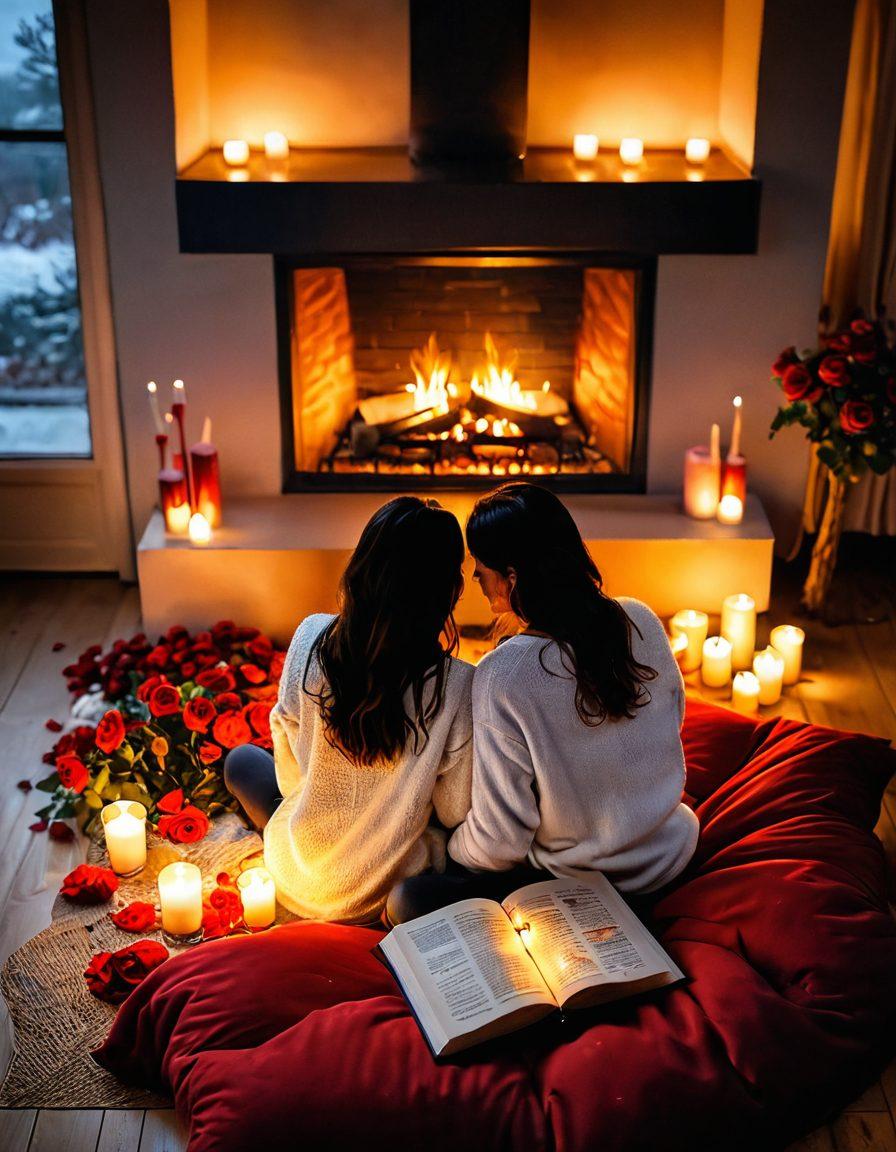 A warm, inviting scene of a couple sitting by a cozy fireplace, surrounded by glowing candles and soft cushions. Heart-shaped decorations subtly scattered around, along with a journal and pen on the floor, symbolizing heartfelt communication. The colors should be rich and romantic, with shades of red and gold enhancing the atmosphere of intimacy and devotion. Elements of nature like roses and gentle lighting to create a serene vibe. super-realistic. vibrant colors. warm tones.
