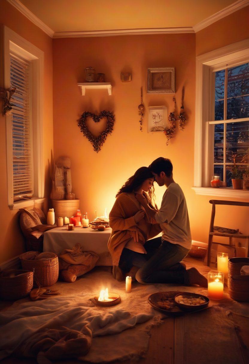 A warm, cozy scene of a couple engaged in a loving activity, like cooking together or painting a canvas, surrounded by soft candlelight and personal mementos that represent their journey. The background should evoke a sense of warmth and comfort, with decorative heart shapes subtly integrated into the environment. Use vibrant colors to enhance the emotions of love and togetherness. super-realistic. warm colors. soft lighting.